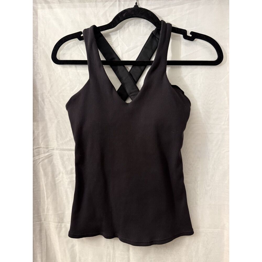 Alo Yoga Black Ribbed V-Neck Cross Back Tank — Small